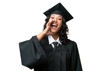 Young university graduate Argentinian woman over isolated background shouting with mouth wide open
