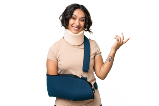 Young argentinian woman wearing neck brace and sling over isolated background extending hands to the side for inviting to come