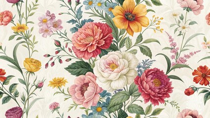 Detailed close-up of a vintage floral pattern featuring a variety of blooming flowers and botanical elements on a light background, ideal for backgrounds, textiles, and decorative designs