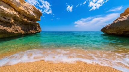 Fototapeta premium Tranquil Beach Scene with Clear Water and Rocky Cliffs under Bright Sky
