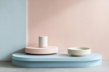 stand display platform in soft pastel pink and blue geometric shapes clean minimalist design with subtle shadows perfect for product presentation