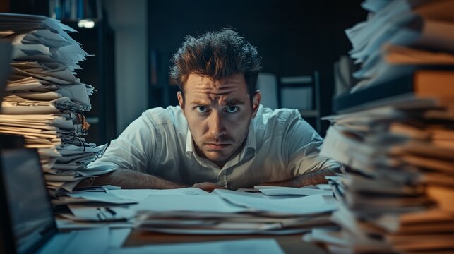 Overworked man with lots of papers in the office. business concept.