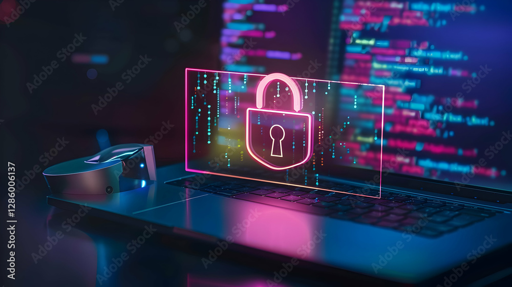 Poster digital security concept with a glowing lock symbol on a laptop amidst coding data in the background