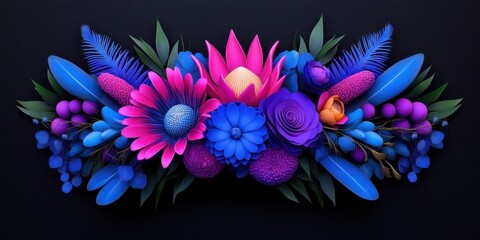 Obraz premium Showcasing rare wood sorrels, fuchsia proteas, and electric blue delphiniums in a vibrant, futuristic color palette.