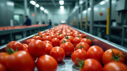 Conveyor Belt of Ripe Red Tomatoes in a Modern Food Processing Plant