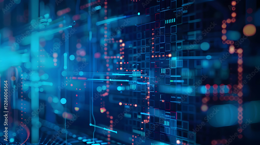Poster abstract digital technology background with glowing lines and nodes representing data flow