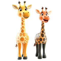 Fototapeta premium Two cute giraffes with opposite expressions and unique colors on a clean transparent background.