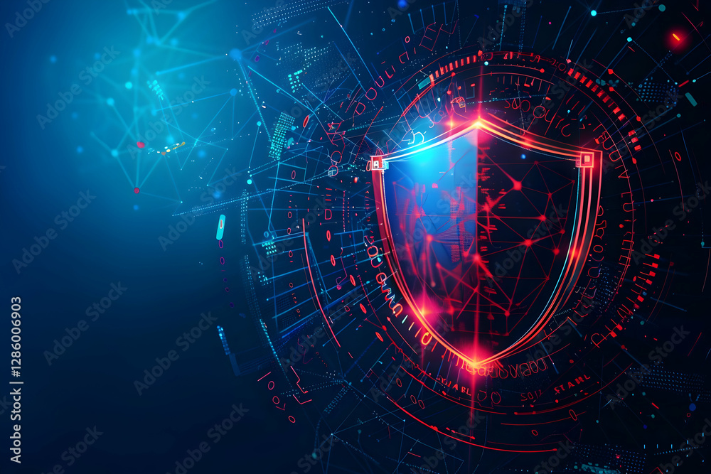 Poster abstract digital shield design representing cybersecurity and data protection in a futuristic settin