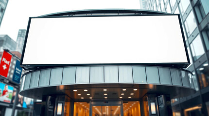 Large horizontal blank advertising poster billboard banner mockup stuck above building entrance in blurred urban city