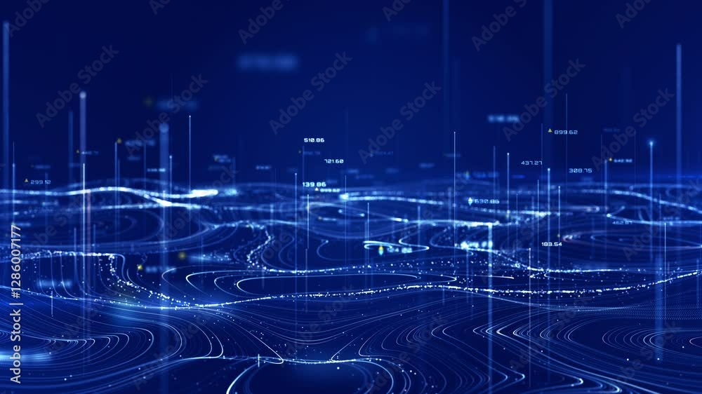 Aufkleber Abstract 3D digital topographic map with glowing data points and futuristic data analytics. Technology big data and geospatial concepts. Background 4k