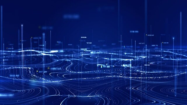 Abstract 3D digital topographic map with glowing data points and futuristic data analytics. Technology big data and geospatial concepts. Background 4k