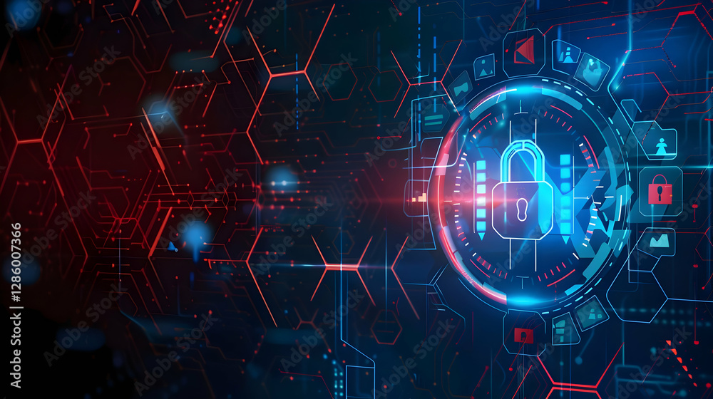 Poster futuristic digital security interface with lock symbol and vibrant hexagonal patterns