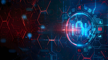 Obraz premium Futuristic digital security interface with lock symbol and vibrant hexagonal patterns