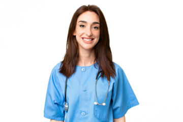 Young nurse woman over isolated chroma key background laughing