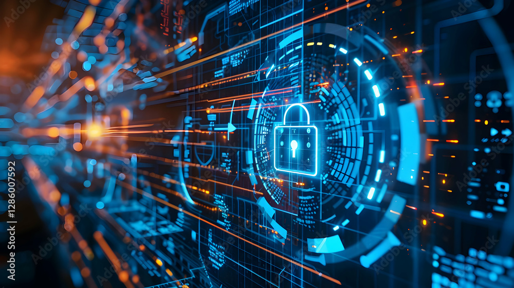Poster futuristic digital security interface with glowing lock symbols and data streams in a tech environme