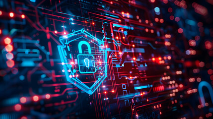 Fototapeta premium Digital security concept with glowing lock symbol on circuit board background, showcasing technology