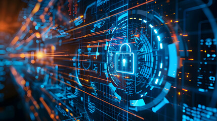 Fototapeta premium Futuristic digital security interface with glowing lock symbols and data streams in a tech environment