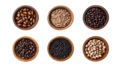 Assortment of diverse beans in wooden bowls on transparent background