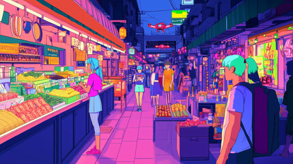 Obraz premium Futuristic market alley Neon food stalls, cyborg vendors, and floating drones, anime characters with vibrant hair