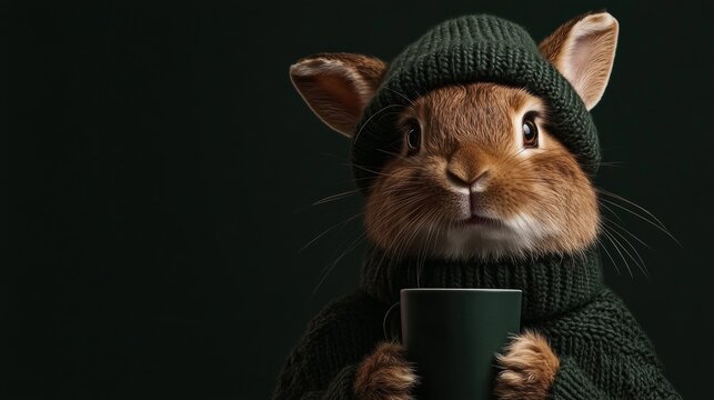 Charming rabbit in a beret enjoys a warm coffee in a cozy ambiance. Generative AI