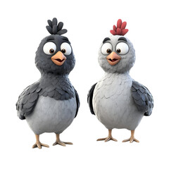 Fototapeta premium Two grey junglefowls with contrasting colors and opposite expressions on a transparent backdrop.