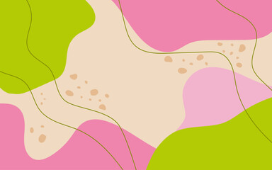 Abstract horizontal background with pink and green color spots on beige background. Vector illustration. Rectangular bright banner with wavy lines with space for design and text.