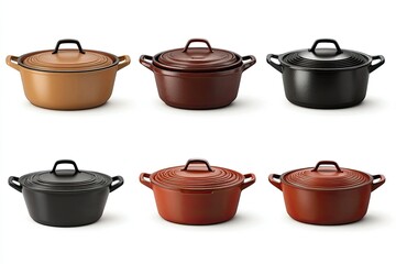High Detail Image of Set of Various Cast Iron Casserole Pans Isolated on White Background