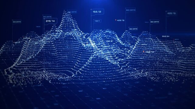 Digital topographic map with glowing data points and futuristic data analytics. Technology big data and geospatial concepts. Future abstract background 4k
