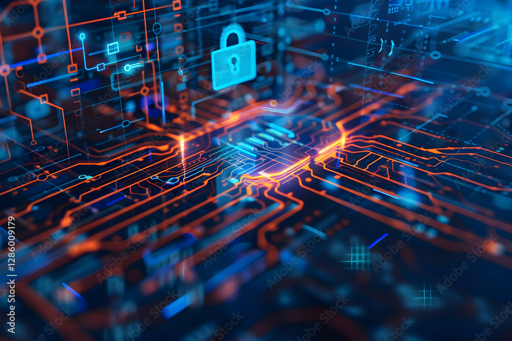 Poster abstract digital circuit board with glowing lines and security lock symbol in a tech environment