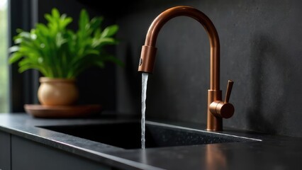 Water flows from a copper faucet into a dark sink in a stylish kitchen. Concept of: Elevated kitchen plumbing.