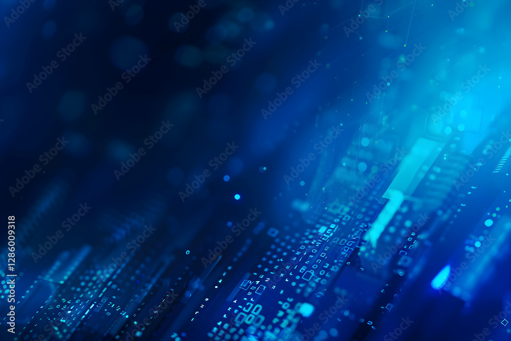 Poster abstract digital background with glowing lines and data patterns in blue tones, suitable for tech vi