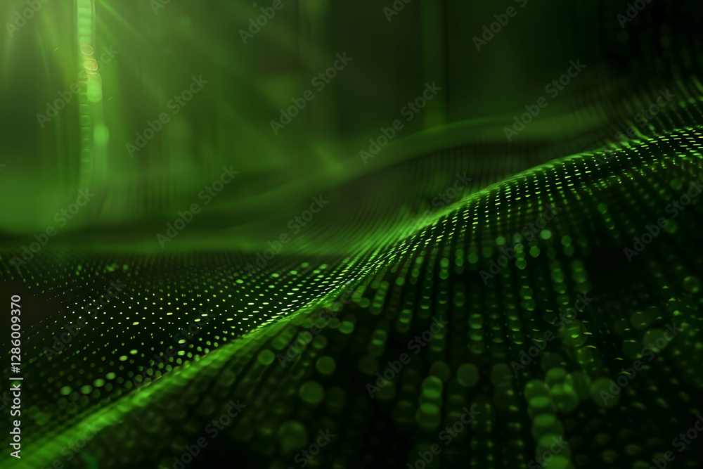 Poster abstract green wave pattern with glowing dots, creating a sense of depth and movement
