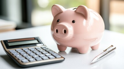 A piggy bank with a calculator and pen placed beside it on a white surface