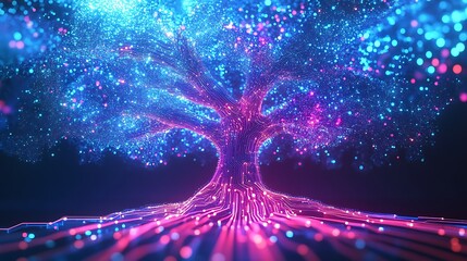 A vibrant tree with digital circuit branches and a thick trunk of intertwined glowing lines, set against a glowing neon background.