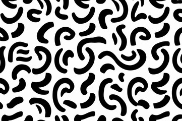 A playful and dynamic pattern consisting of various black geometric shapes and lines on a white background