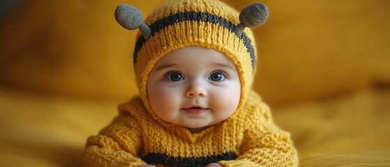 Fototapeta premium Baby in bee costume, yellow backdrop, front view, adorable and sweet