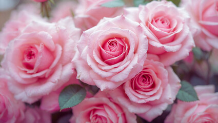 Fototapeta premium Vivid pink roses captured in a close-up, showcasing their lush petals and rich hues. Background is softly blurred, creating a delicate and romantic ambiance while focusing on natures intricate beauty.