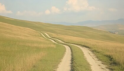 Fototapeta premium Winding Dirt Road Through Rolling Green Hills Under a Bright Sky
