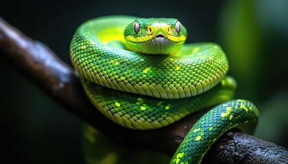 Fototapeta premium Bright green snake coiled on a branch, its vibrant scales standing out against a dark, blurred background