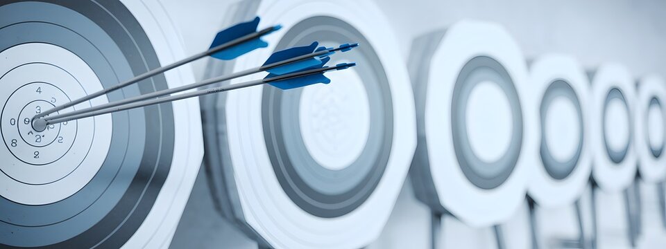 Accurate Arrows Hitting Bullseye Target Precisely  Professional Achievement Success Goal Strategy Winning Business Marketing Concept  Modern Design  Blue Arrows  Gray Target 3d aim focus image result 