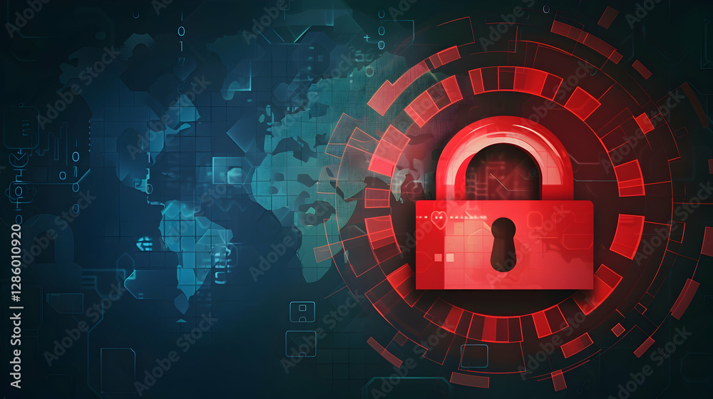 Poster digital security concept featuring a red padlock over a global map with data patterns and technology