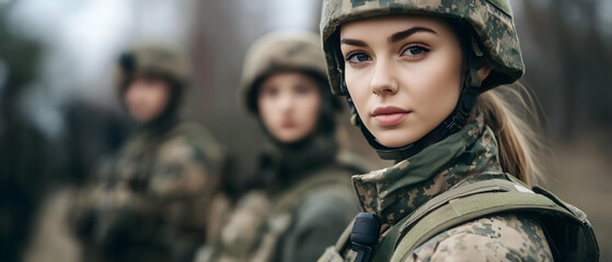 Fototapeta premium Female soldiers in army uniform standing confidently - 