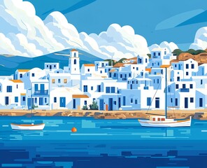 Fototapeta premium An illustration of Paros, Greece, with white-washed buildings and blue accents in cool blues and sandy neutrals