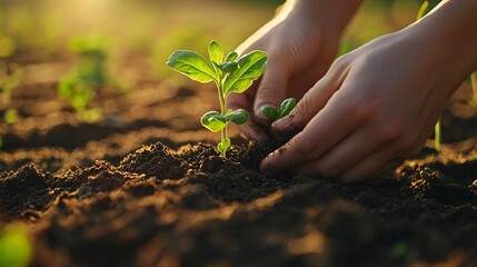 Fototapeta premium Human hands planting a tree in the soil at sunset. Earth day concept.