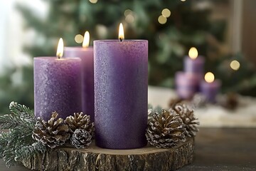 Purple candles with glowing flames and festive decorations in a cozy setting