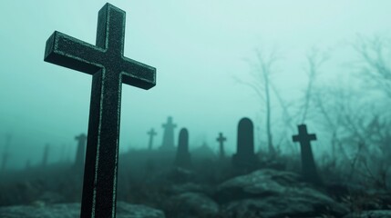 Foggy Cemetery Landscape with Gothic Crosses and Mysterious Atmosphere