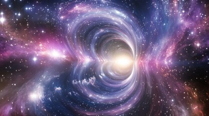 A wormhole anomaly creates a glowing portal within a nebula, revealing an unknown realm