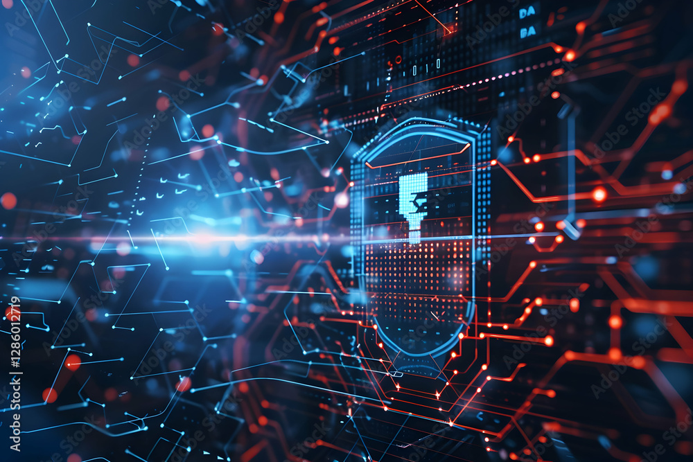 Poster digital security concept with shield symbol amidst glowing circuit patterns and data streams