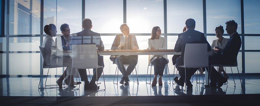 Modern Business Meeting Professional Team Corporate Office Collaboration Strategy Discussion Teamwork Conference Room Sunlight Window View Group People Colleagues Businesspeople Professionals Working