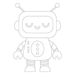 Coloring book of cheerful funny cartoon children's robot. Coloring page of cute cyborg, futuristic modern bot, android, smiling character in flat vector illustration isolated on white background.